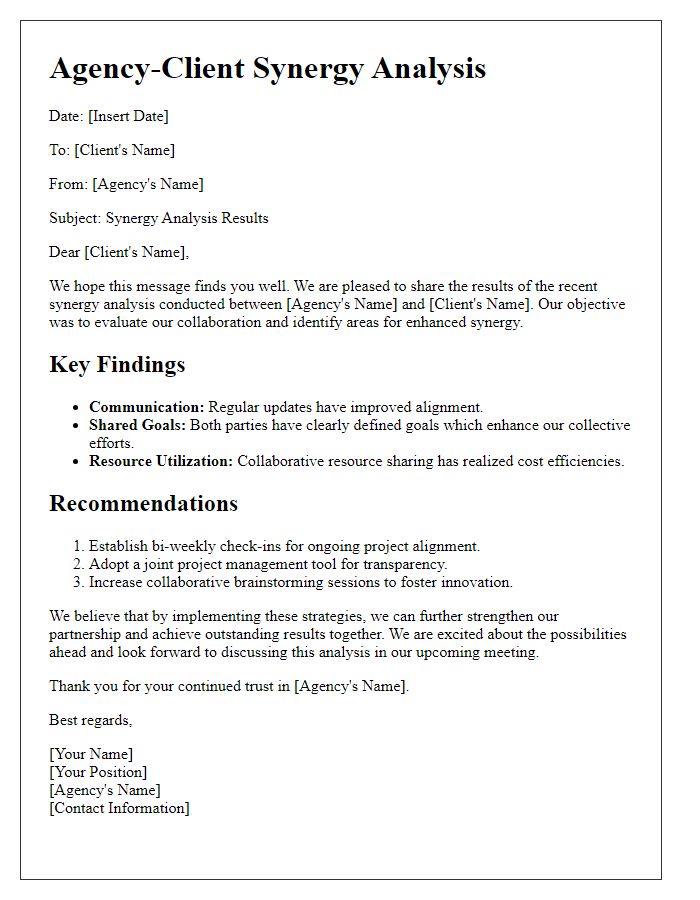 Letter template of agency-client synergy analysis