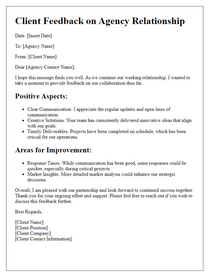 Letter template of client-agency relationship feedback