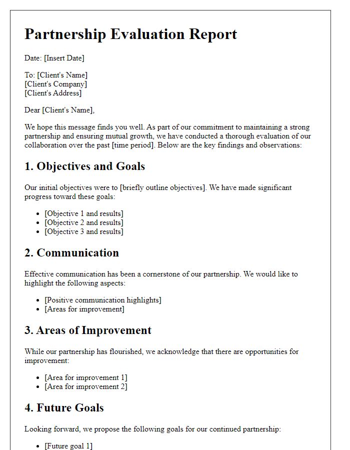 Letter template of partnership evaluation for agency and client relations