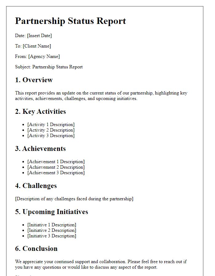 Letter template of partnership status report for agency and client