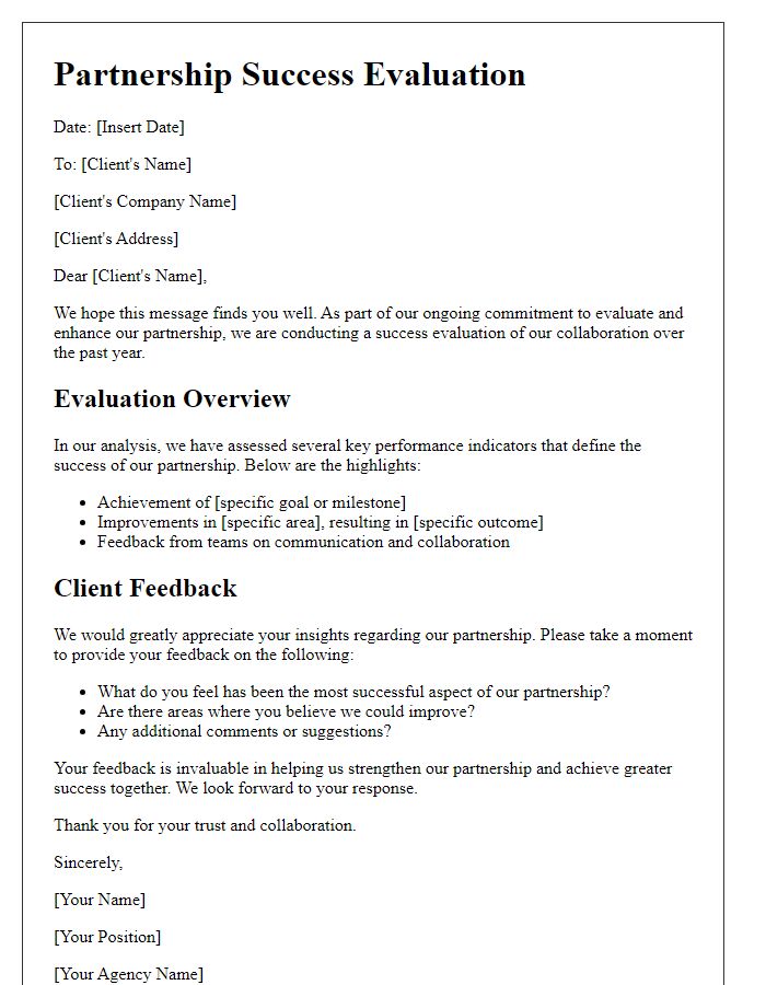 Letter template of partnership success evaluation for agency and client