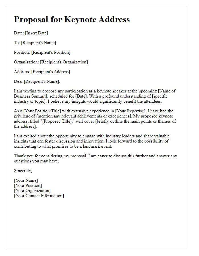 Letter template of proposal for keynote address at a business summit