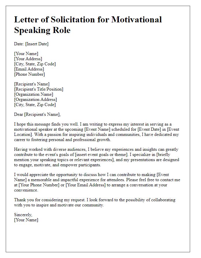 Letter template of solicitation for motivational speaking role at a community event