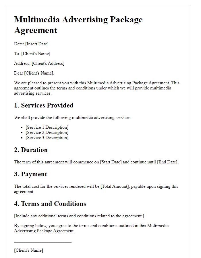 Letter template of multimedia advertising package agreement