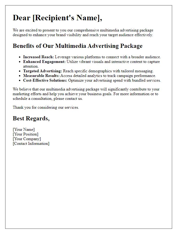 Letter template of multimedia advertising package benefits