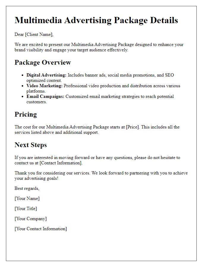 Letter template of multimedia advertising package details