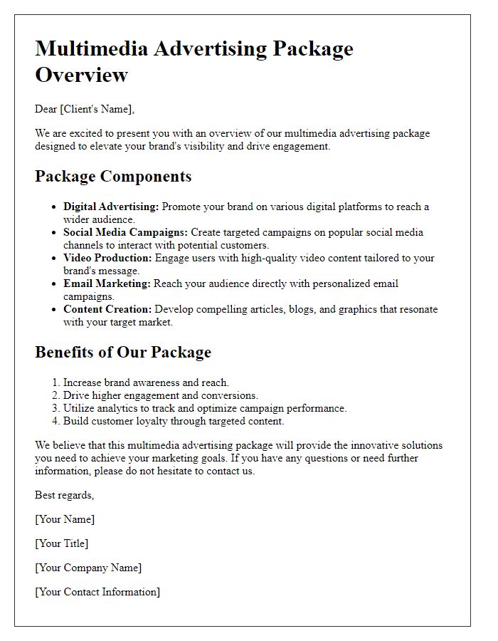 Letter template of multimedia advertising package overview