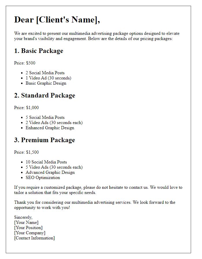 Letter template of multimedia advertising package pricing