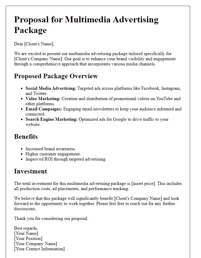 Letter template of multimedia advertising package proposal