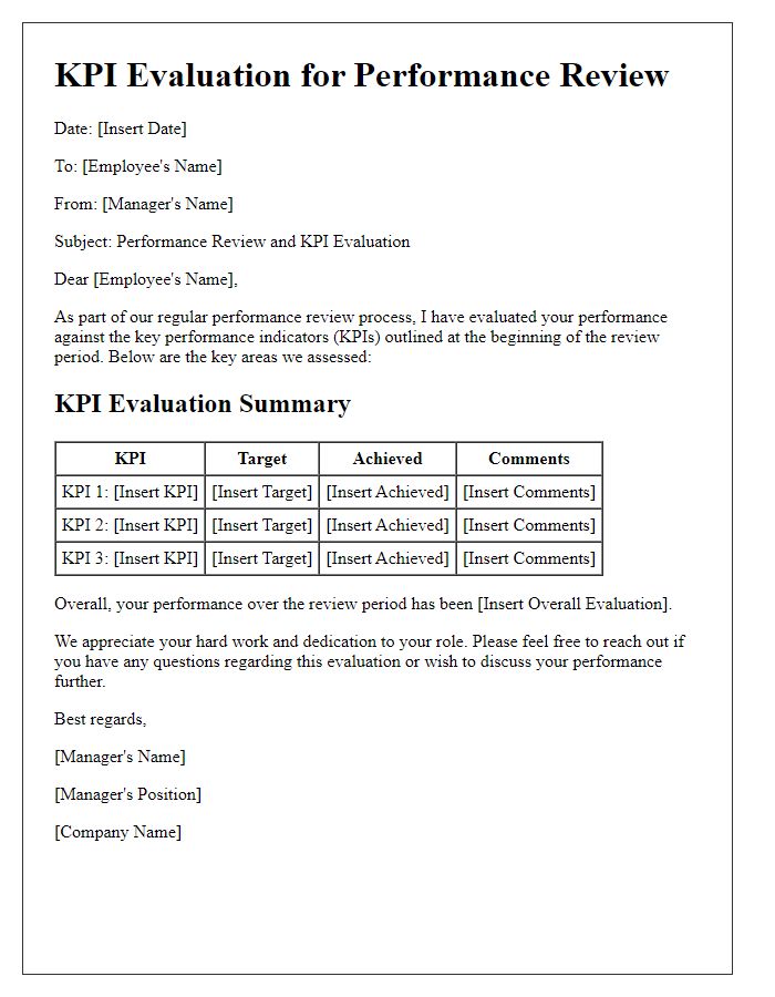 Letter template of KPI evaluation for performance review