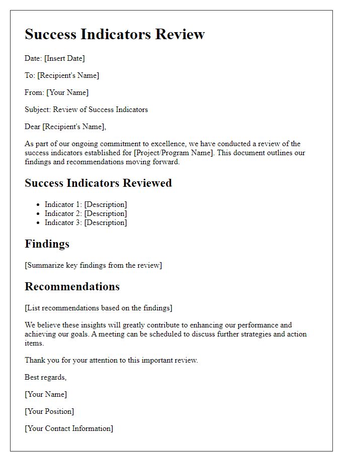 Letter template of success indicators review