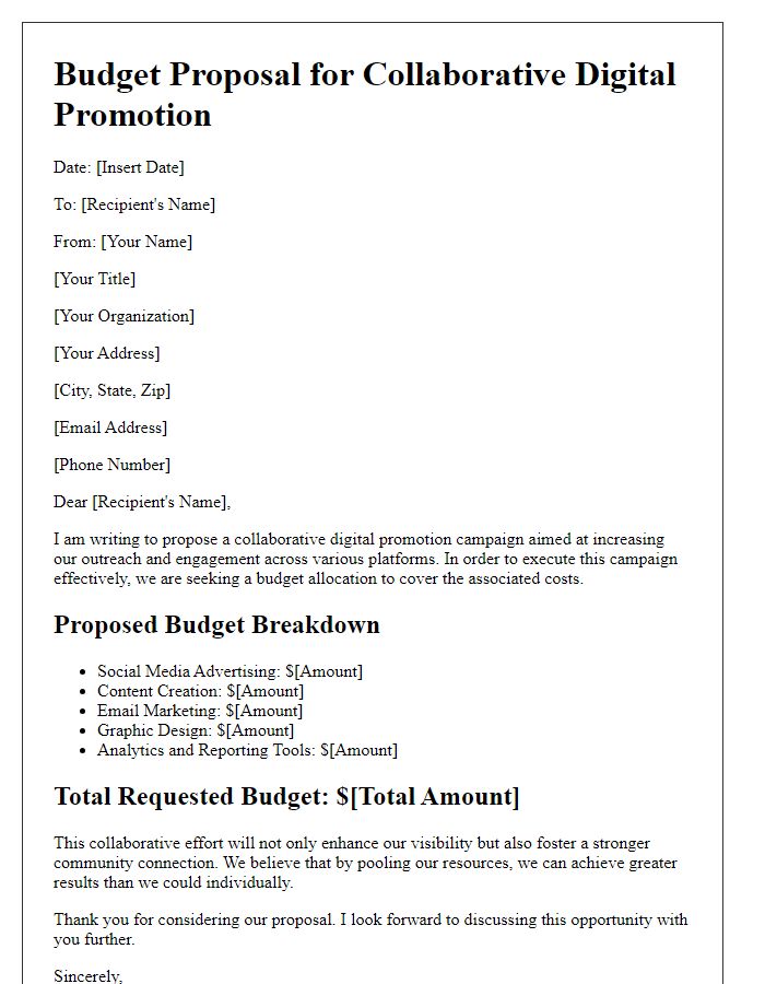 Letter template of budget proposal for collaborative digital promotion