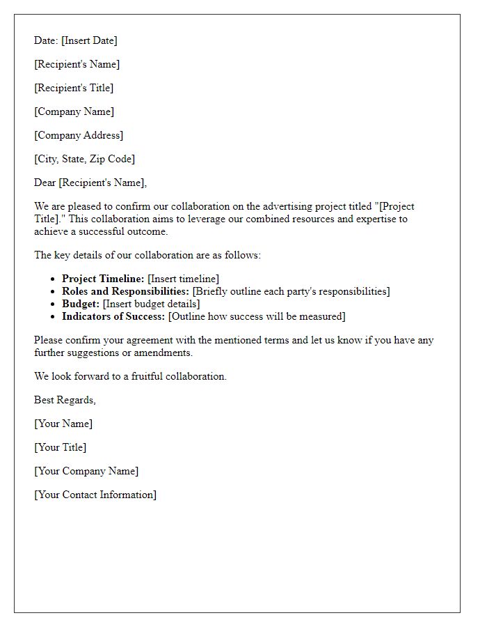 Letter template of confirmation for collaborative advertising project