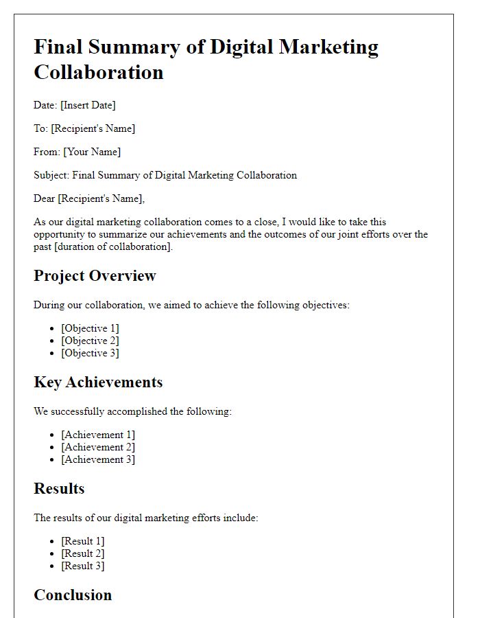 Letter template of final summary for a completed digital marketing collaboration