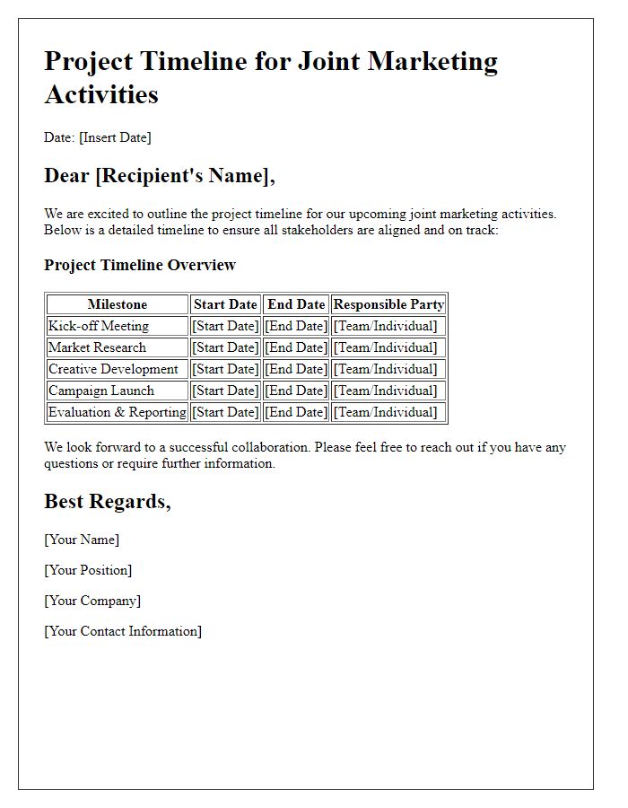 Letter template of project timeline for joint marketing activities