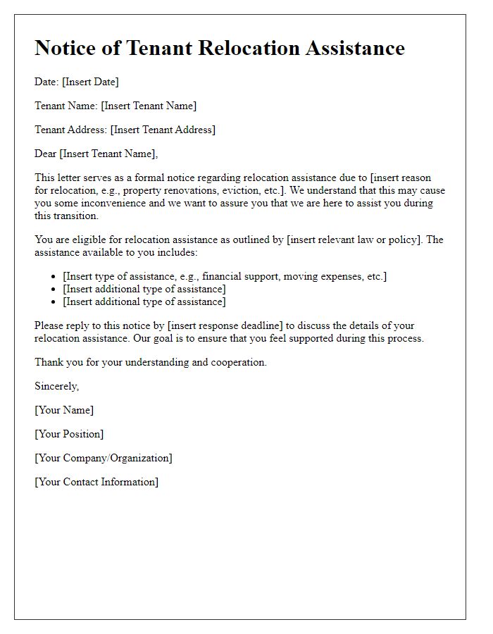 Letter template of Notice for Tenant Relocation Assistance