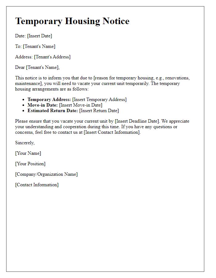 Letter template of Temporary Housing Notice for Tenants