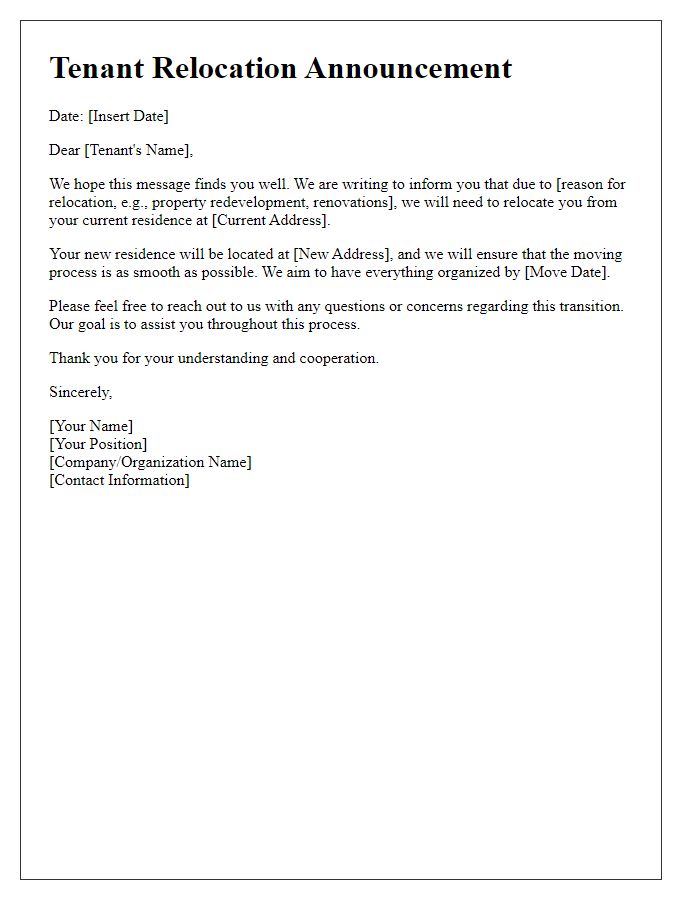 Letter template of Tenant Relocation Announcement