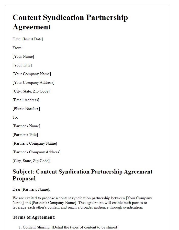 Letter template of Content Syndication Partnership Agreement