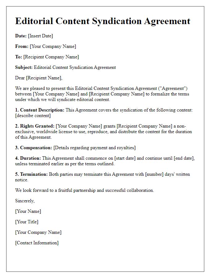 Letter template of Editorial Content Syndication Agreement