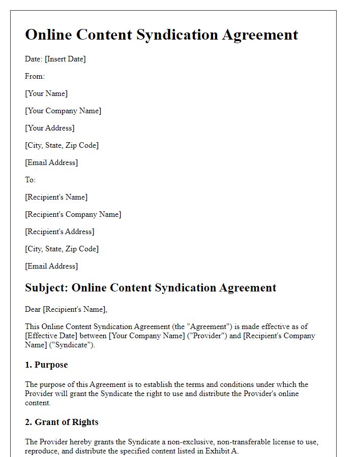 Letter template of Online Content Syndication Agreement