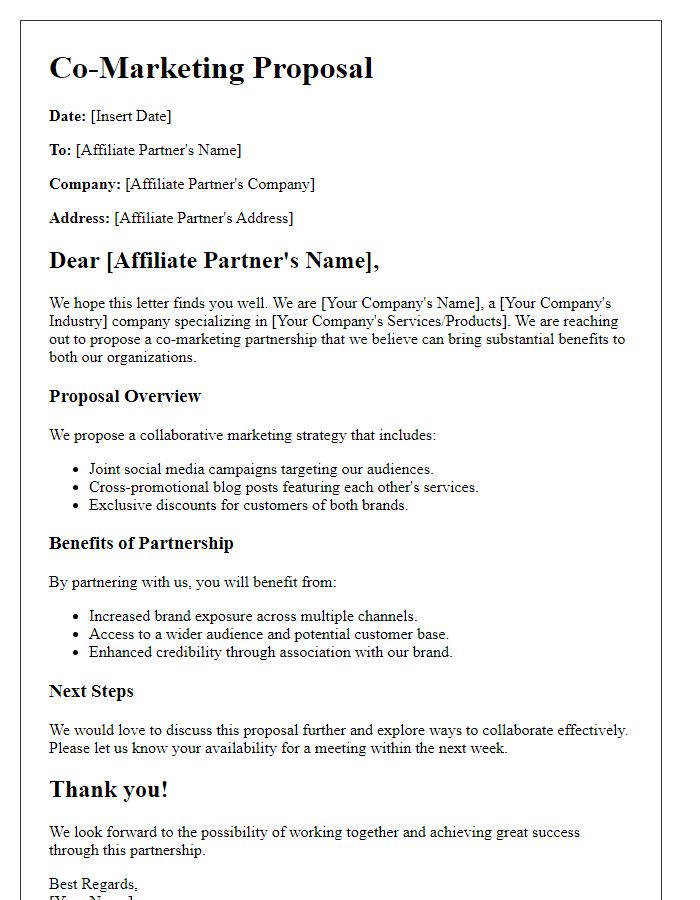 Letter template of co-marketing proposal for affiliate partnerships.