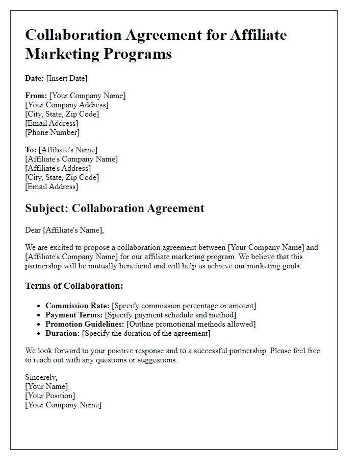 Letter template of collaboration agreement for affiliate marketing programs.