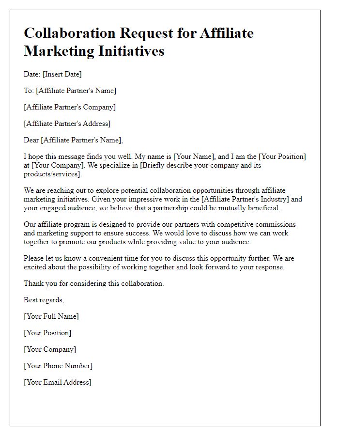 Letter template of collaboration request for affiliate marketing initiatives.