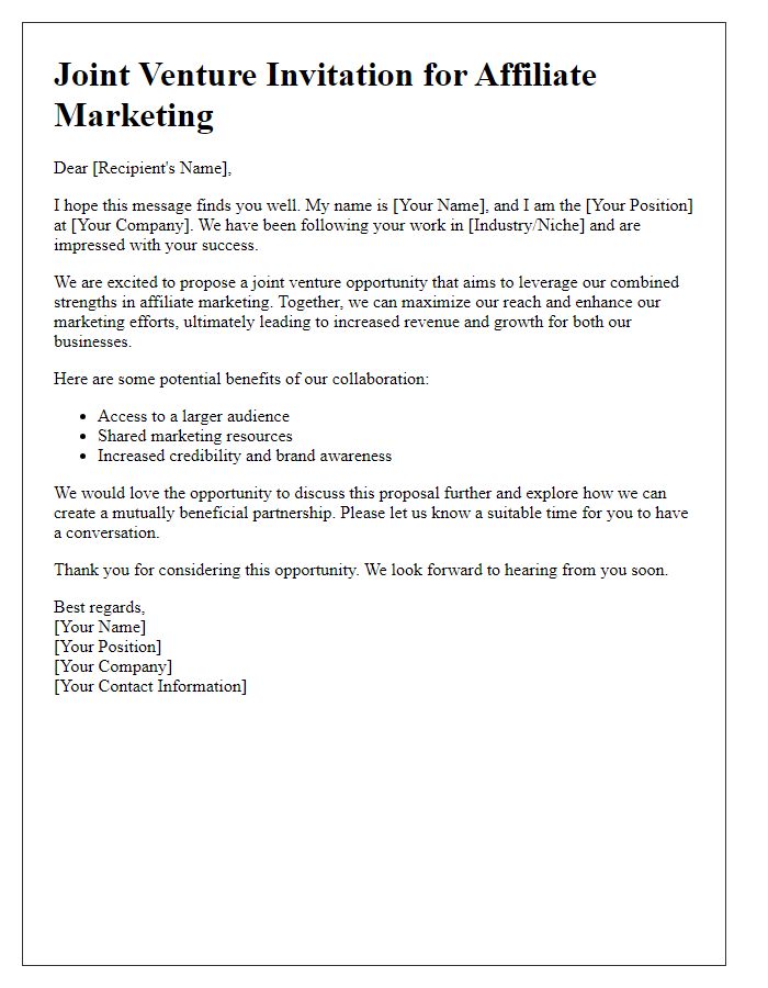 Letter template of joint venture invitation for affiliate marketing.