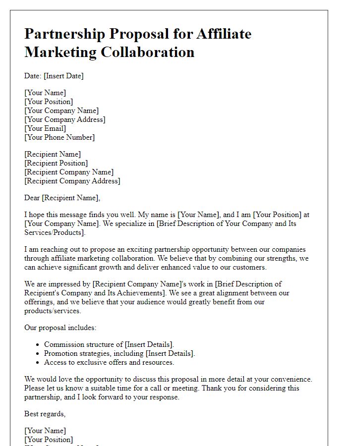 Letter template of partnership proposal for affiliate marketing collaboration.