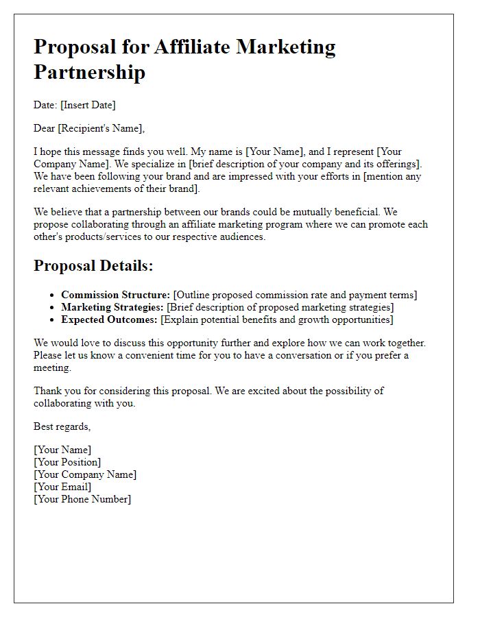 Letter template of proposal for affiliate marketing partnership.