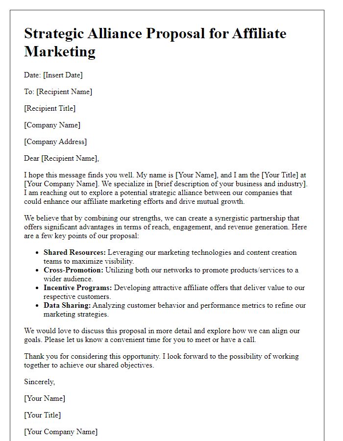 Letter template of strategic alliance proposal for affiliate marketing.