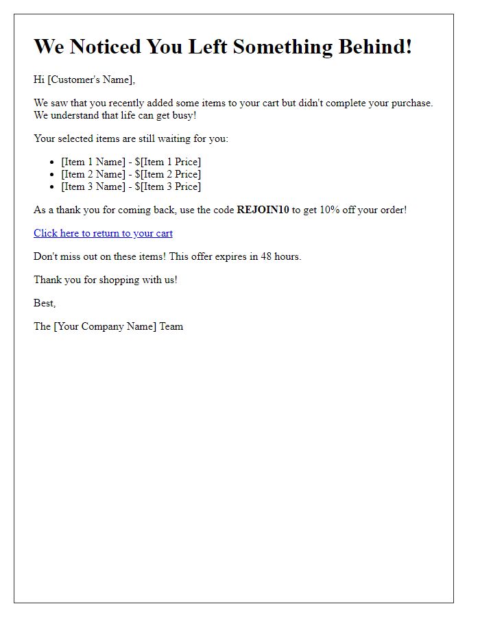 Letter template of remarketing campaign follow-up for abandoned cart recovery.