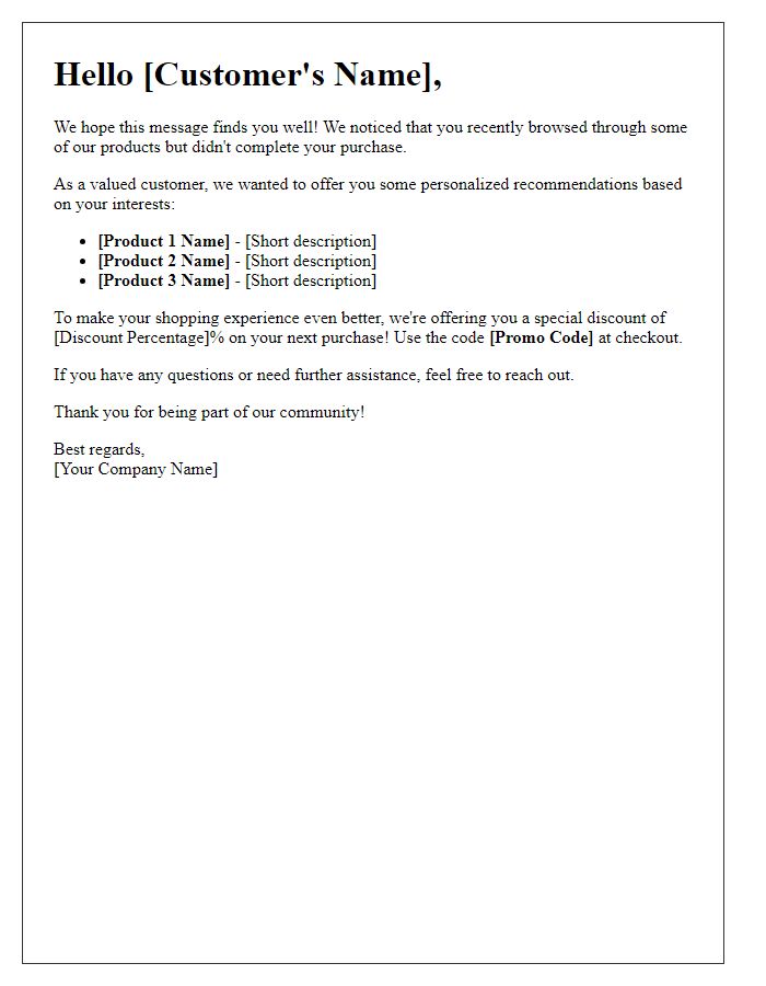 Letter template of remarketing campaign follow-up for personalized recommendations.