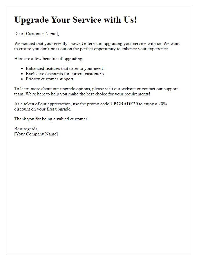 Letter template of remarketing campaign follow-up for service upgrades.