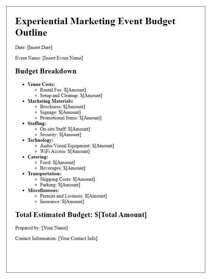 Letter template of experiential marketing event budget outline