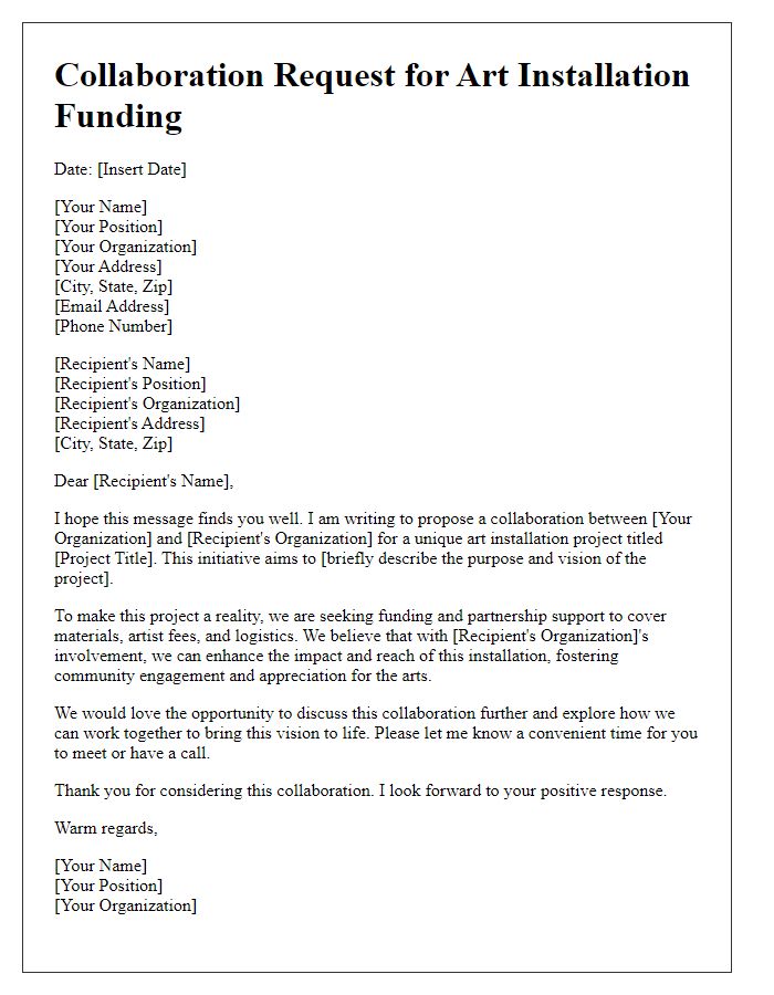 Letter template of collaboration request for art installation funding