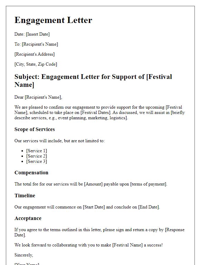 Letter template of engagement letter for creative festival support