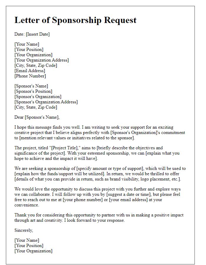 Letter template of outreach for creative project sponsorship