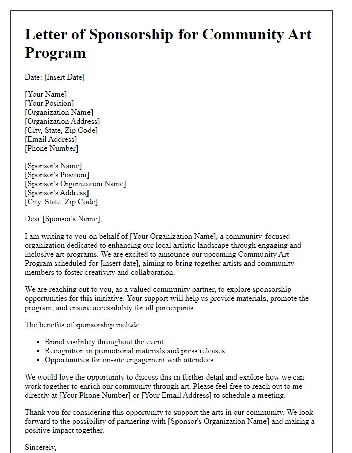 Letter template of sponsorship outline for community art program