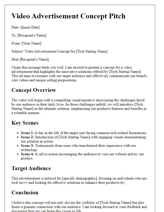 Letter template of a video advertisement concept pitch for a tech startup.