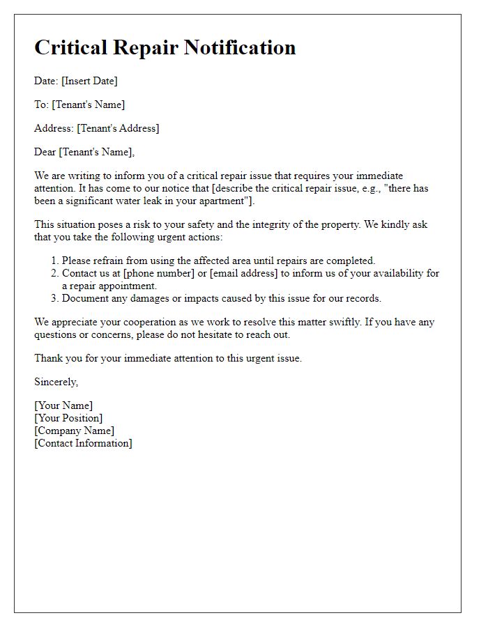 Letter template of critical repair notification for urgent tenant actions.