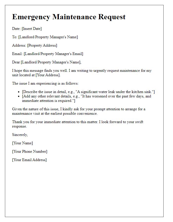 Letter template of emergency maintenance request for housing issues.