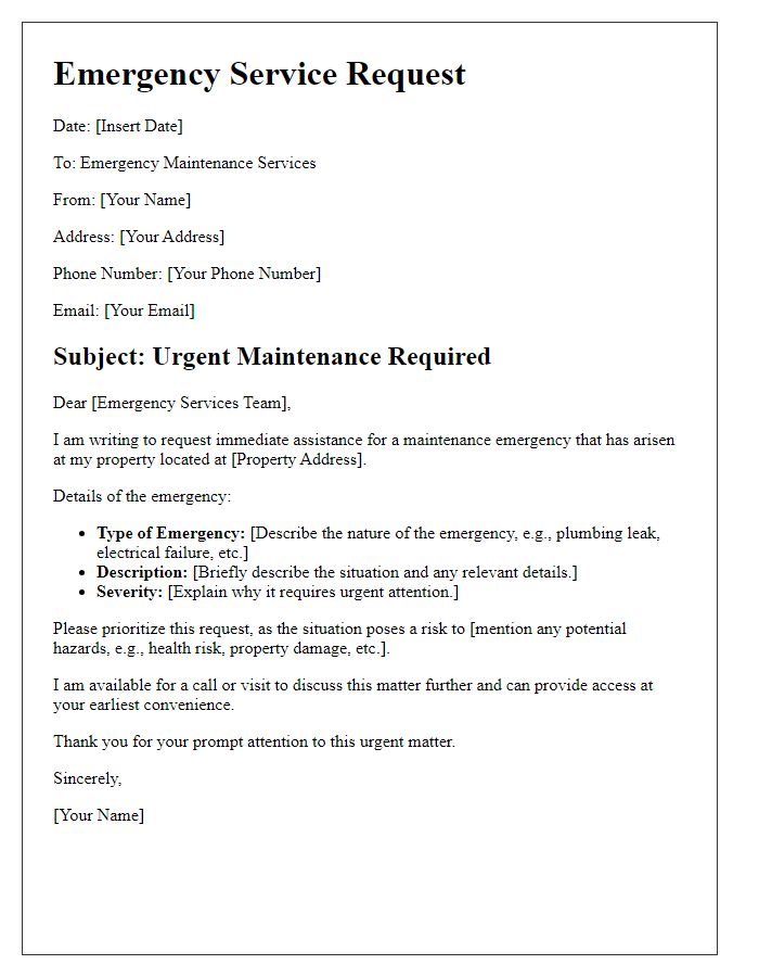 Letter template of emergency service request for maintenance emergencies.