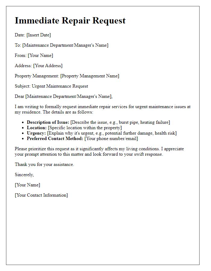 Letter template of immediate repair request for urgent maintenance issues.