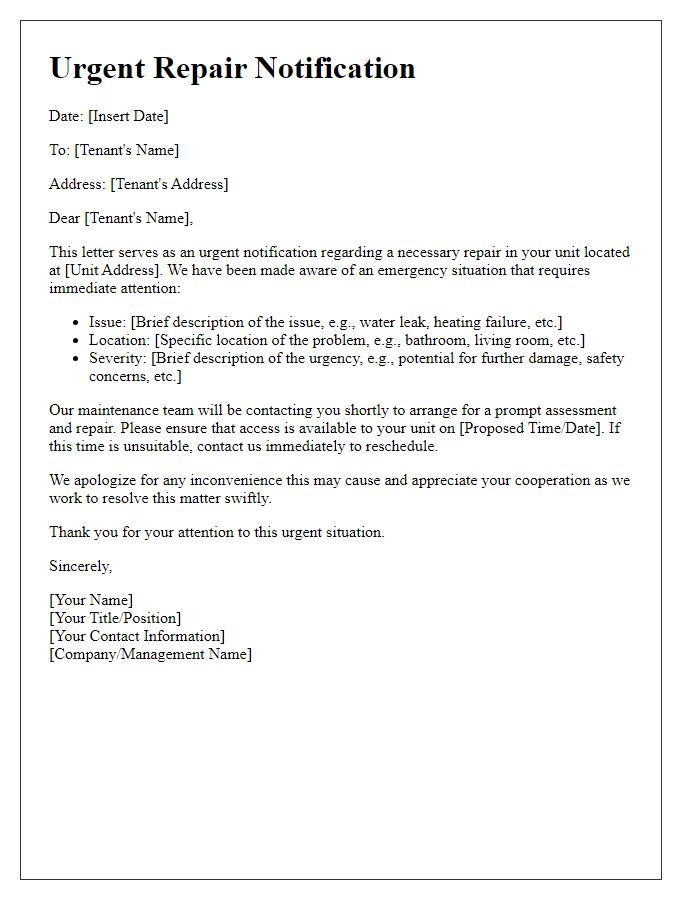 Letter template of repair alert for tenants facing emergency situations.