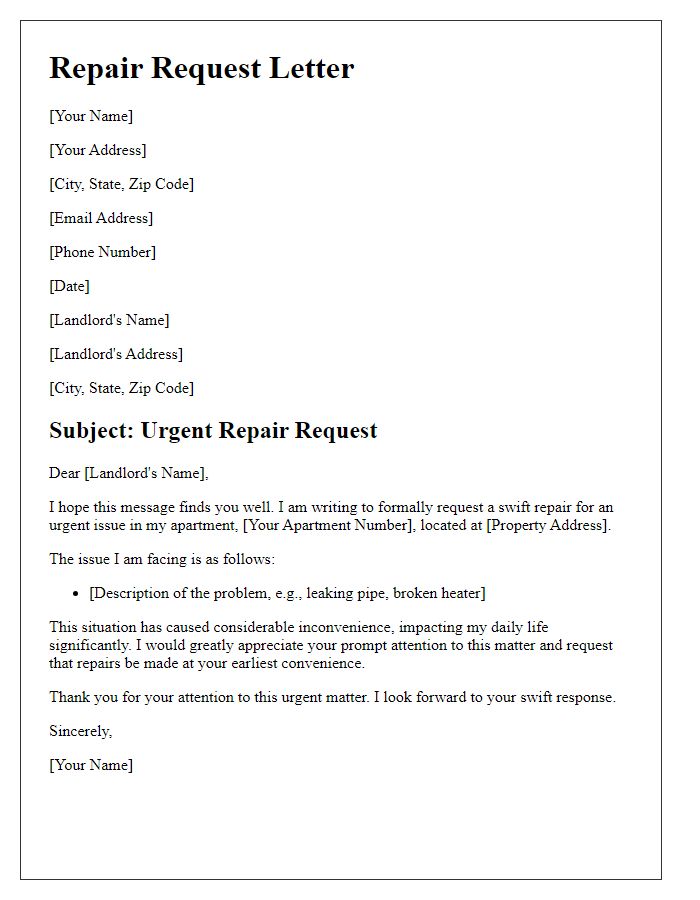 Letter template of swift repair request for pressing tenant needs.