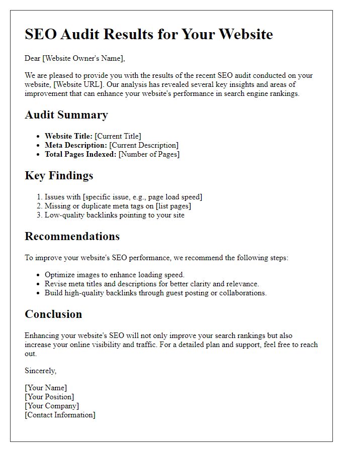 Letter template of SEO audit results for website owners