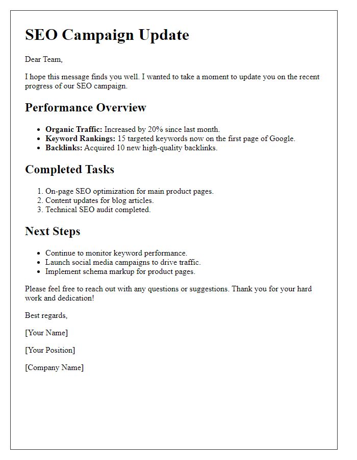 Letter template of SEO campaign update for team members