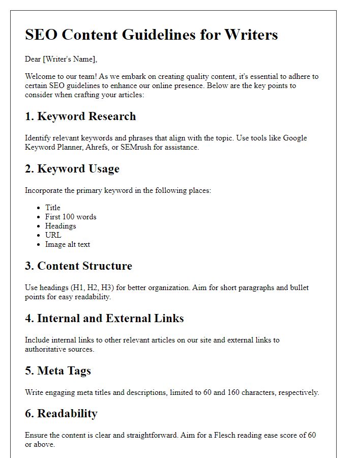 Letter template of SEO content guidelines for writers